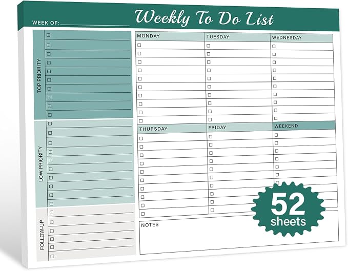 Weekly To Do List Notepad - 52 Undated Glue Bound Tear-Off Sheets (8.5"x11") for Desk Planning | Home, Work & School Organization Pad for Women & Men