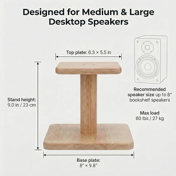Desktop Speaker Stands Made of Pure Solid Wood, Natural Style, 360° Rotatable Top Plate, Suitable for Medium/Large Tabletop Speakers and Studio Monitors (Natural Oak_DSS9(9 inch))