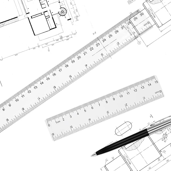 Unjoo Clear Plastic Ruler 6 Inch+12 Inch Straight Ruler, for School, Office | Shatterproof Rulers, with Inches and Centimeters, Easy-to-Read Markings, Plastic Drafting Measuring Ruler