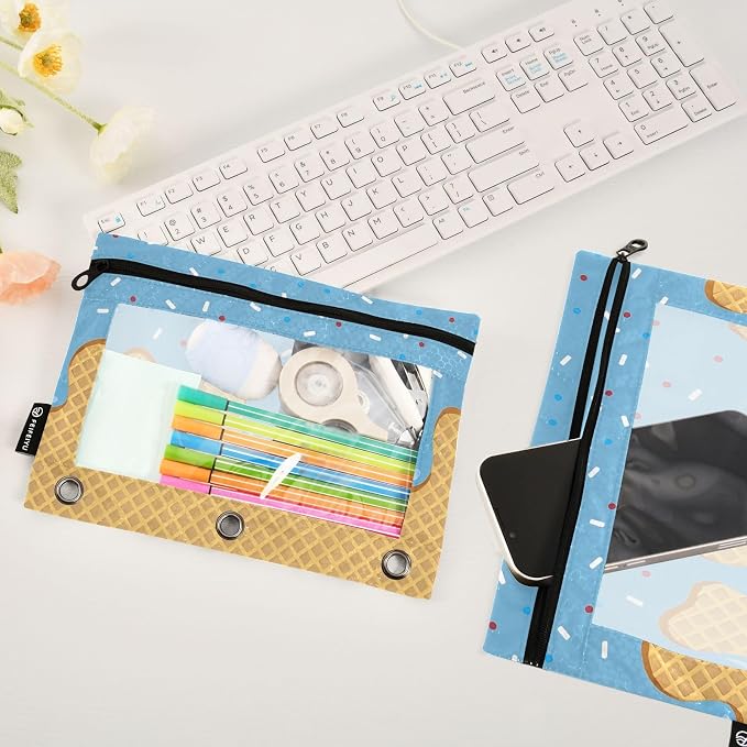 ALAZA Blue Ice Cream Pencil Pouch for 3 Ring Binder 2 Pack Zipper Binder Pencil Bag Case with Clear Window Office Supplies