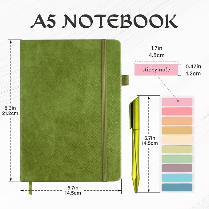 A5 Lined Journal Notebook Set with Pen & Sticky Notes, Hardcover Ruled Notebook 200 Pages Thick Paper, College Ruled Journal for Work Office School, 5.7 x 8.3 in, Green