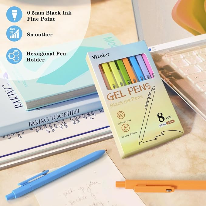 Vitoler Cute Gel Pens, 8 Pack 0.5mm Fine Point Pens with Fidget Quick Dry | For Women, For Teachers, For Nurses, Smooth Writing, Liquid Ink, For Badge, Black ink, Felt Tip, Medium Point, For Journaling