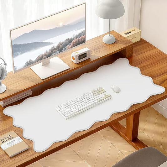 Leather Desk Mat, XXL Large 31.4x15.7in Scalloped Gaming Mouse pad，Non-Slip Rubber Base Keyboard Pad Mousepad for Laptop Computer Game Home Office，Waterproof and Oilproof Desktop Mat I White