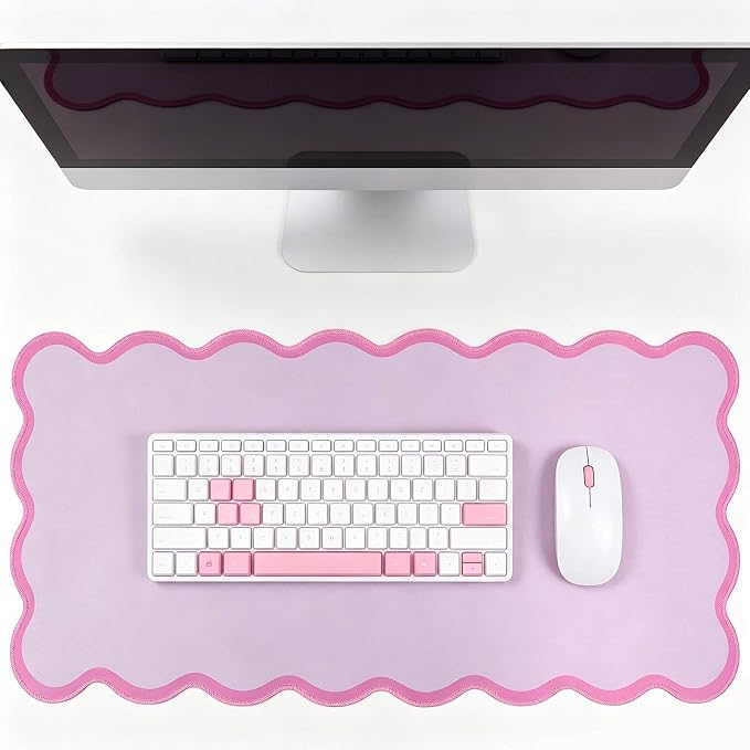 yuboo Pink Scalloped Desk Mat, 31" x 15.7" Large Waterproof Pastel Desk Mat Kawaii Cottagecore Aesthetic Desk Pad Desktop Keyboard Mouse Mat for Dorm Office Gaming Decor