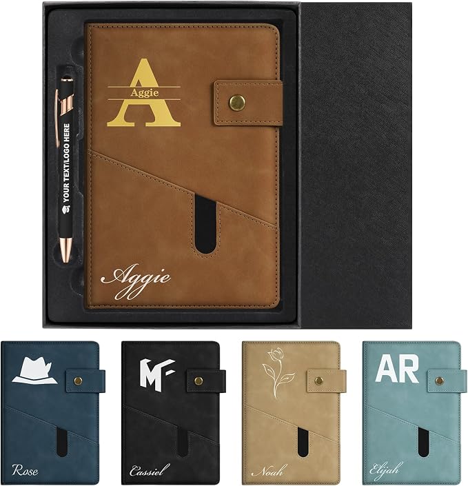 ENOMY Personalized Notebook & Pen Set A5 Notebook with Lock Closure, 200 Lined Pages PU Leather Custom Notebook Cover Premium Gift Box for College Birthday Business Gift, Brown