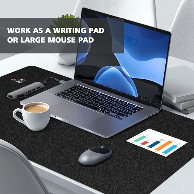 Multifunctional Office Desk Pad Mat Blotter on Top of Desks Non-Slip Desk Writing Mat Waterproof Desk Mat Protector for Desktop PVC Leather Desk Mouse Pad for Office Home (Black, 14" x 24")