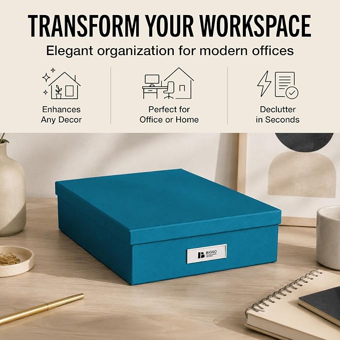 Bigso Oskar Fiberboard Label Frame Document Letter Box - File Organizer Box for Important Paperwork - Document Storage with a Lid & Metal Label Window - 3.3 in x 10.2 in x 13.8 in - Turquoise