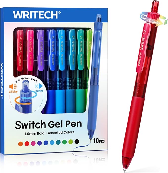 WRITECH Colored Gel Pens 1.0mm: Switch Silent Click Mode for Quiet or Click Feedback Smooth Writing Quick Dry Ink Bold Point for Note Taking Color Coding Journaling School Office Study.