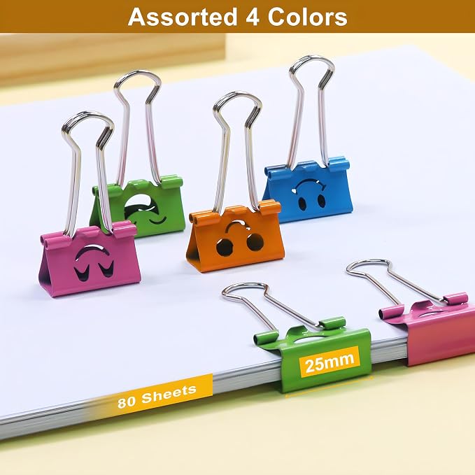 Coideal Cute Smiley Face Binder Clips, 48 Pack 1 Inch Medium Metal Paper Clamps, Assorted Colors Hollow Design for Office School Home Organization (25mm)