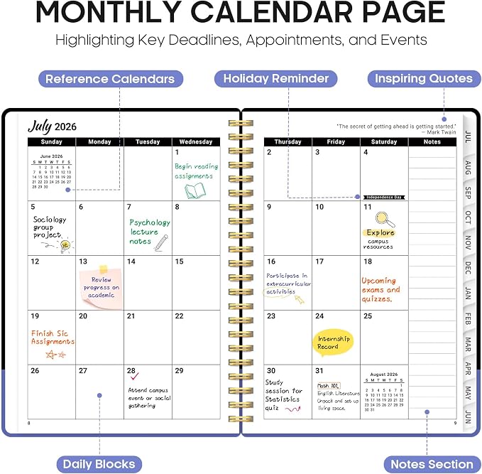 Planner 2026–2027, Weekly & Monthly Academic Organizer for School Year, Jul 2026–Jun 2027, Hardcover Planner with Tabs, Back to School Essential, 6.3" x 8.5", Quiet Meadow