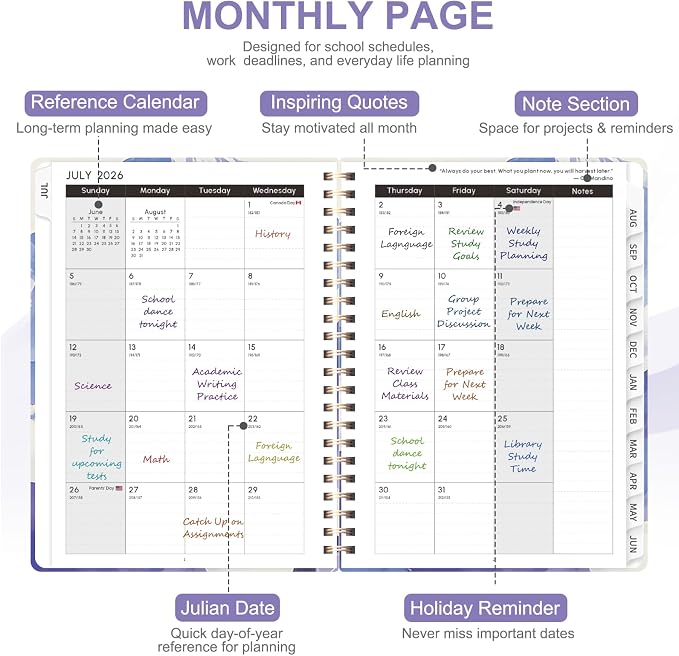 Planner 2026-2027, Weekly and Monthly Academic Year Calendar Planner, July 2026 - June 2027, Daily Agenda Book for Office School Supplies, A5(6.3'' x 8.5'')
