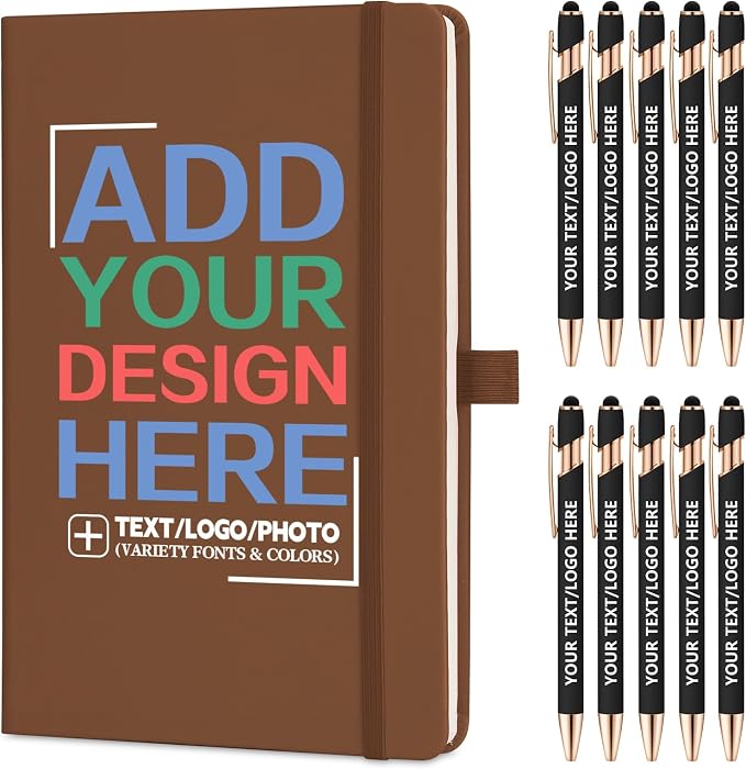 ENOMY Personalized Notebook Journal & 10 PC Pens Gift Set Custom Notebook A5 200 Pages A5 Lined Journal for Men Women Hardcover Notebooks for Work College Graduation Gifts, Brown
