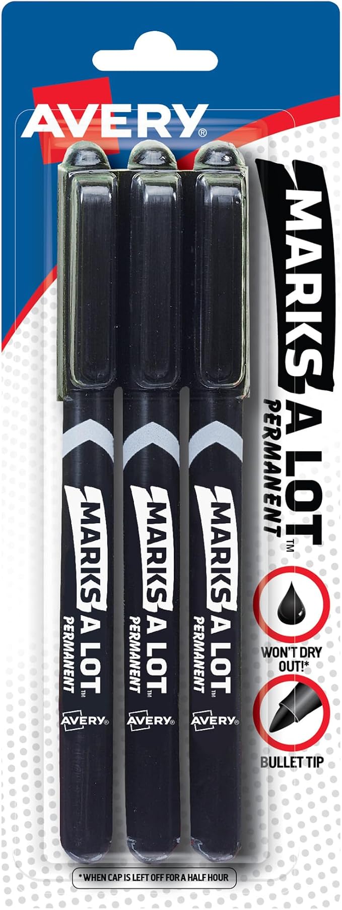 Avery Marks-A-Lot Permanent Markers, Pen-Style Size, Bullet Tip, Water and Wear Resistant, 3 Black Markers (29837)