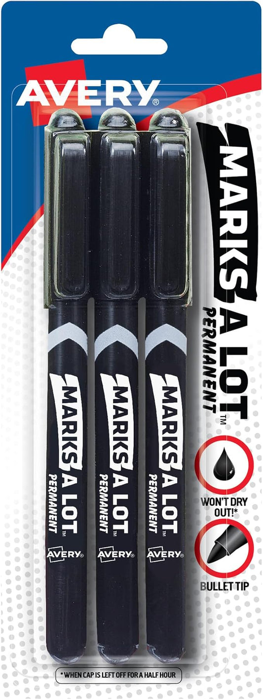 Avery Marks-A-Lot Permanent Markers, Pen-Style Size, Bullet Tip, Water and Wear Resistant, 3 Black Markers (29837)