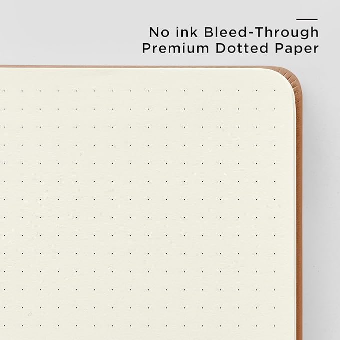 &And Per Se Dotted Journal Notebook, A5 Hardcover Leather Dotted Journal, 160 Pages 100gsm Thick Dot Grid Paper, 3 Sheets of Stickers Included - 5.7'' x 8'' (Light Brown)