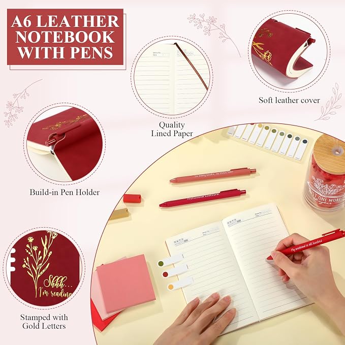 Havawish 14 Pcs Book Lovers Gift for Women 16 oz Glass Cup Tote Bag A6 Journal Notebook Pens Highlighters Sticky Notes Back to School Teacher Librarian Bookish Book Club(Red,Aesthetic)