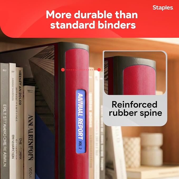 Staples Heavy-Duty 2-Inch D-Ring Binder, Red – 3-Ring Binder with Pockets, Holds Up to 540 Sheets for School & Office