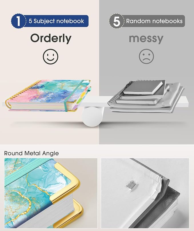 Hardcover Spiral Notebook journal with Removable Dividers Tabs, 300 Pages 5 Subject Notebook College Ruled, 100GMS Notebooks for Work School Note taking,Lined Journal for Women,A5 Pink Blue Marble