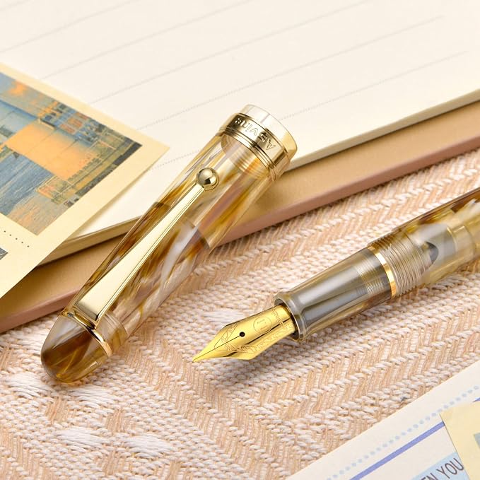 Asvine V126 Vacuum Filling Fountain Pen, Brown Swirl Acrylic Stub Nib 1.1mm Calligraphy Art Drawing with Case Set