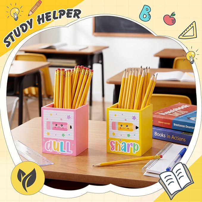 DoubleFill 2 Pcs Box Shaped Holder Sharp Dull Holder Wooden Dispenser Pen Storage with Classic Pencil Shaped Design for Back to School Teachers Classroom Organization Accessories