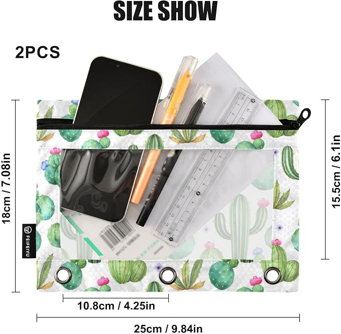 ALAZA Pencil Pouch for 3 Ring Binder, Watercolor Cactus Cacti Binder Pencil Pouches with Clear Window Zipper Pencil Case Cosmetic Bags for Office College Supplies, 2PCS