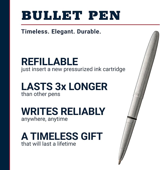 Fisher Space Pen Brushed Chrome Bullet Pen, Pressurized Ballpoint Pen, Compact Size, Writes Upside Down and in Extreme Temperatures, Smooth Black Ink, Medium Point, Gift Box, Made in the USA