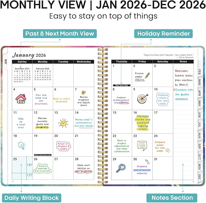 2026 Planner, Weekly and Monthly Calendar Planner Book, January 2026 - December 2026, Hardcover Spiral Planner with Monthly Tabs, Notes Pages, Perfect for Women & Men, A4 (8.5" x 11") - Gold