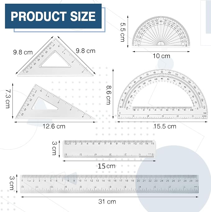 Tenare 1 Set Plastic Clear Math Set Includes Protractor Triangle Rulers 12 Inch 6 Inch Straight Geometry Math Transparent Ruler Measuring Tool for School Office Home Supplies(Clear)