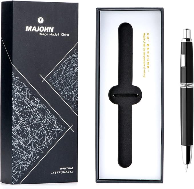 erofa Majohn A1 Press Fountain Pen with Box, Retractable Extra Fine Nib Metal Vivid Black Ink Pen with Converter for Writing (No Clip Version)
