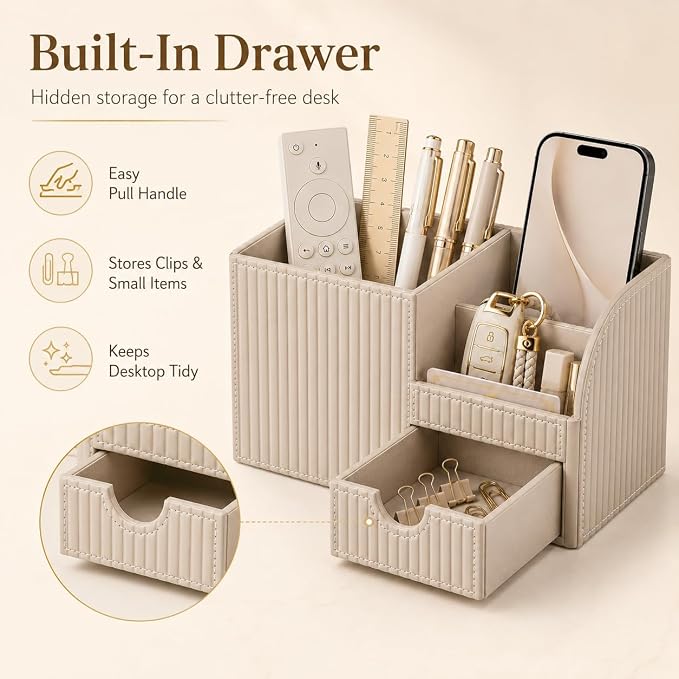 KINGFOM Luxury PU Leather Desk Organizer with Drawer, Modern Aesthetic Office Desk Accessories for Men & Women, Multi-Compartment Pen Holder & Desktop Storage Organizer for Home Office