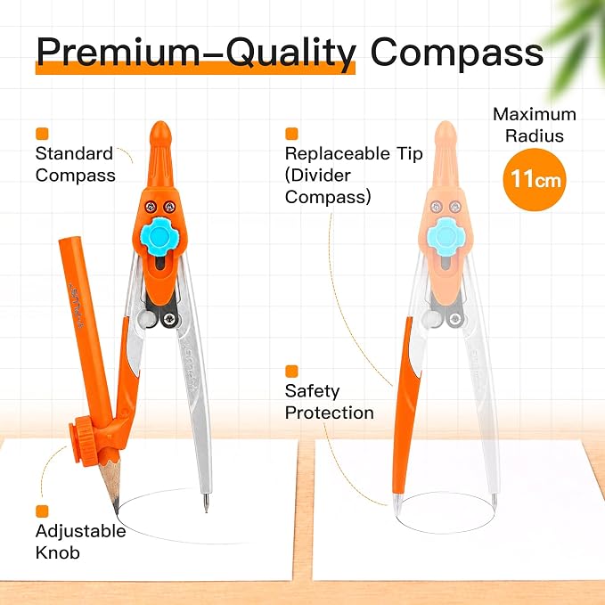 YPLUS Geometry Set, Protractor and Compass Set for Students, 12Pcs | Compass Drawing Tool with Metal Case, Rulers, Protractor, Mechanical Pen, Back to School Supplies for Students