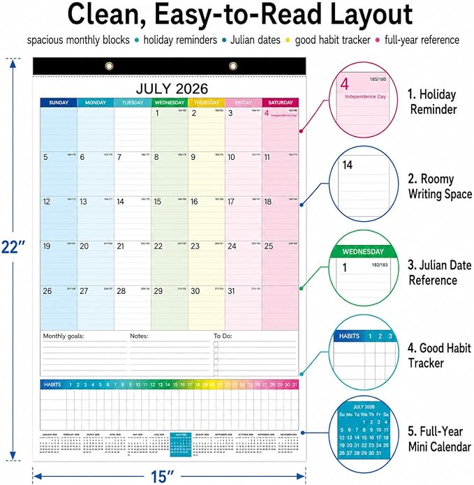 Large Wall Calendar 2026-2027, 18-Month Wall Calendar from July 2026 to December 2027, 15" x 22" 2026 Wall Calendar with Spacious Blocks, Julian Dates, Habit Tracker & Full-Year Reference for Home Office School Colorful