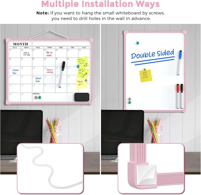 MaxGear Monthly Calendar Dry Erase Board for Wall, 16"x12", Pink Frame | Double-Sided, Hanging Small White Board, Portable Whiteboard for Planning, Drawing, Memo, to Do List, Home, Kitchen, Office
