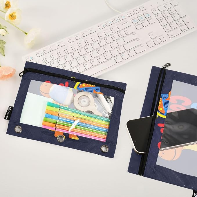 Gredecor Binder Pencil Pouch 3 Ring Cool Boy Dinosaur Zipper Pencil Pouches Case 2 Pack Clear Binder Organizer for School Office