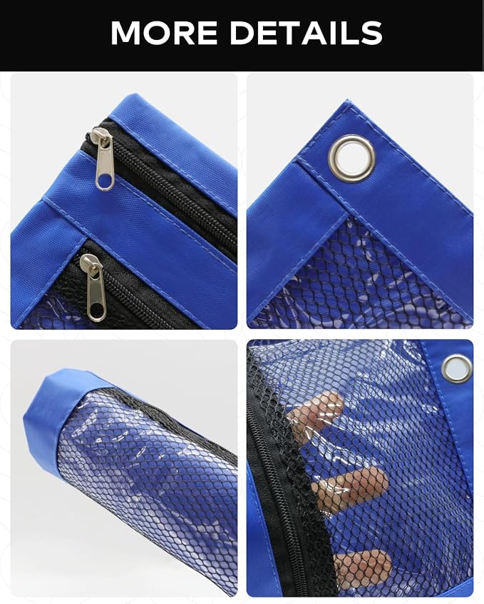 3 Ring Binder Pencil Pouch - Oxford Fabric Pencil Case with 2 Zippered Pockets, Clear Mesh Window Pencil Bag, B5 Size for Office & Travel Supplies (Blue)