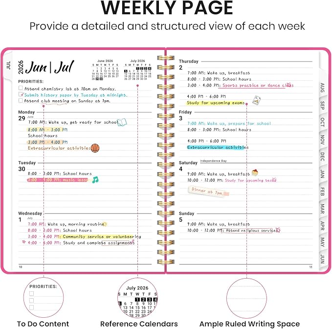 Planner 2026-2027 for Women & Men, Academic Monthly and Weekly Calendar Planner, Jul 2026 - Jun 2027, A5 (6.3" x 8.5"), Teacher Student Planning Book with Tabs, Ideal for Office School Supplies - Berry Pink