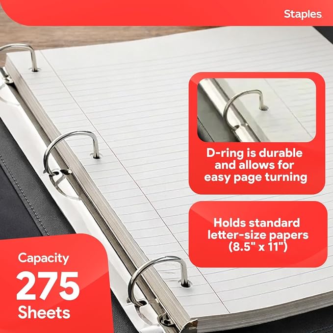 Staples Better 1-Inch D-Ring Binder, Black – Heavy-Duty 3-Ring Binder for School & Office Organization