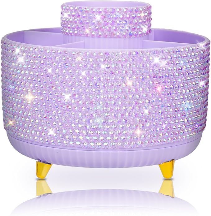 Bling Purple Phinestone Desk Organizer with 5 Slots 360 Degree Rotating，Bling Pen Holder Makeup Brush Holder for Women, Silver Rhinestone Office Accessories(Purple)