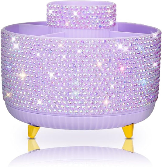 Bling Purple Phinestone Desk Organizer with 5 Slots 360 Degree Rotating，Bling Pen Holder Makeup Brush Holder for Women, Silver Rhinestone Office Accessories(Purple)