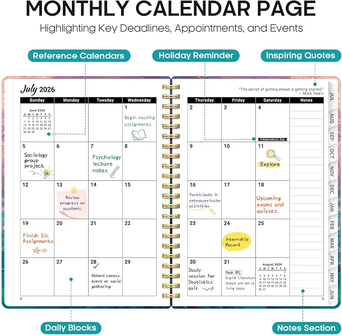 Planner 2026-2027, Academic Year Monthly and Weekly Calendar Planner, Jul 2026 - Jun 2027, Hardcover Teacher Student Planning Agenda book with Tabs, Perfect for School Office Supplies, 6.3" x 8.5" - Galaxy Flow