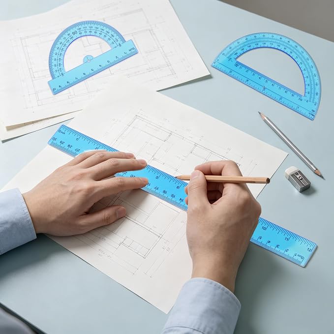 Plastic Clear Ruler Math Set - 6'' 12'' Transparent Straight Ruler, 4'' 6'' Protractor, 30/60 & 45/90 Triangle Ruler,Geometry Math Measuring Tool for School Office Drawing Teachers Kids Supplies Blue