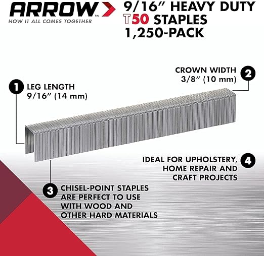 Arrow T50 9/16" Staples, 1250 Count | Heavy Duty, For Upholstery, Construction, Furniture, Crafts, Fit Arrow T50 Staple Guns, Hammer Tackers and Pneumatic Tools