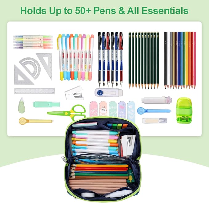 Large Pencil Case for Boys - Aesthetic Pencil Pouch for School | Kids Pencil Case & Wide Handle, Water Resistent Organizer Box, Fits 50 Pens & Markers, Daily Use, Green Dinasour