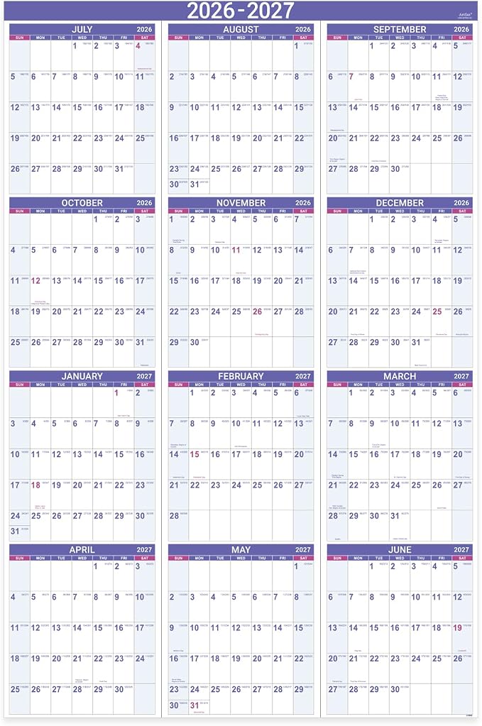 2026-2027 Yearly Wall Calendar - Calendar 2026-2027, July 2026 - June 2027 | Large Wall Calendar 26-27, 34.8"" x 22.8""(Open), Full Year Calendar Large, One Page Vertical with Round Stickers - Purple