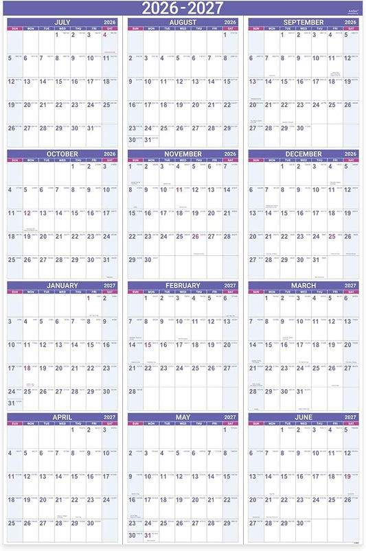 2026-2027 Yearly Wall Calendar - Calendar 2026-2027, July 2026 - June 2027 | Large Wall Calendar 26-27, 34.8"" x 22.8""(Open), Full Year Calendar Large, One Page Vertical with Round Stickers - Purple