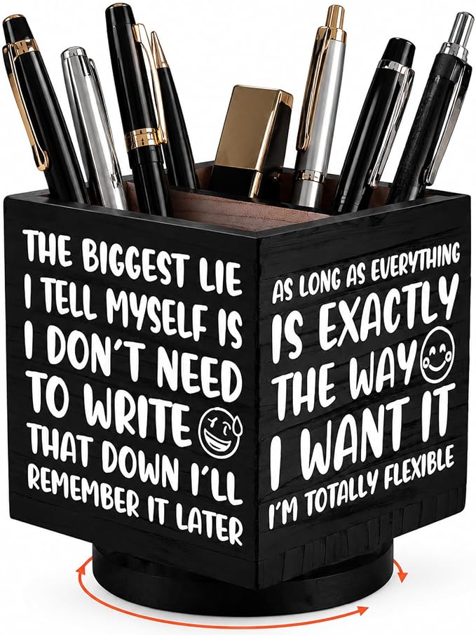 Outus Funny Coworker Gift Pen Holder for Desk, Sarcastic Office Desk Decor, Rotating Wooden Pencil Holder, Funny Office Gift for Women Men Boss Coworkers (Black)