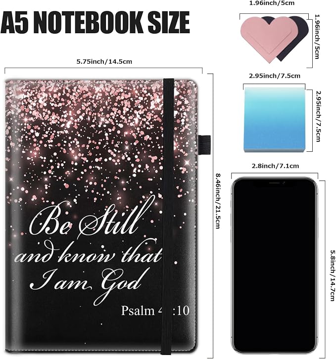 Hardcover Executive Notebooks, A5 PU Leather Lined Journal Notebook, 200 Pages Thick Paper Subject Notebooks for School,Work,Home Writing Business Notebook,Rose Gold Bible Verses Psalm 46-10