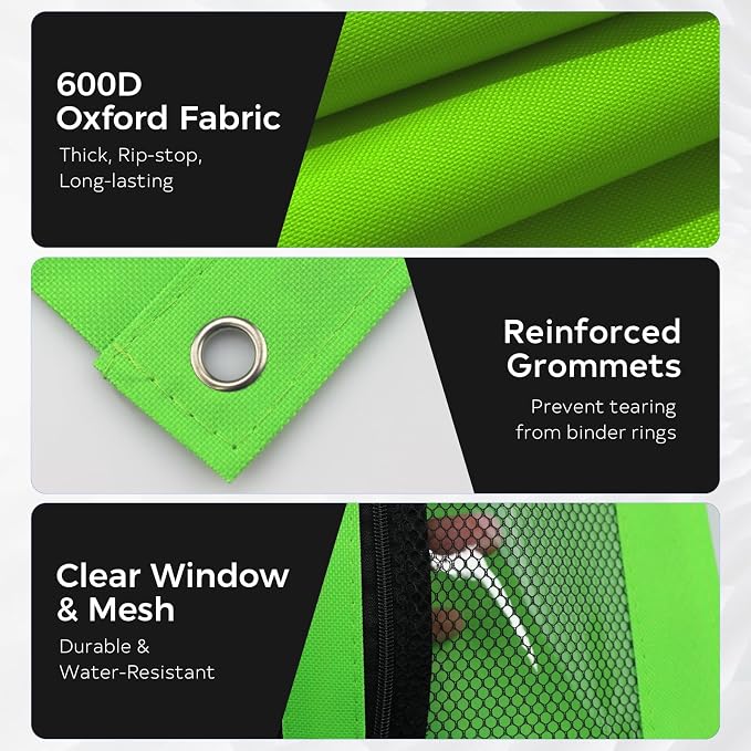 3 Ring Pencil Pouch for Binder, 2-Pocket Zipper Pencil Case with Clear Window & Mesh Pocket, 600D Oxford Fabric Binder Pouch for School Office Supplies, Fits Standard 3-Ring Binders, Green