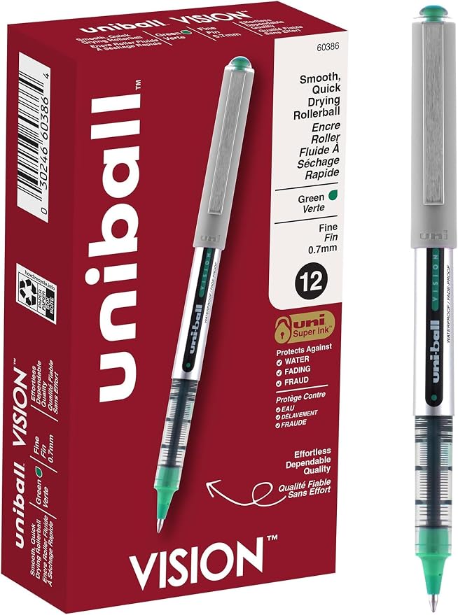 uniball Vision Rollerball Pens, Green Pens Pack of 12-0.7mm Fine Point Medium Ink - Japanese Pen, Smooth Writing Pen, School & Office Supplies (Pack of 144)