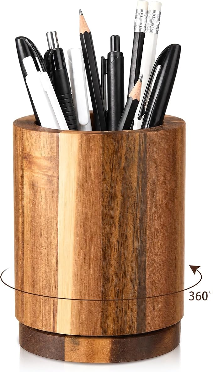 360° Rotating Pen & Pencil Holders Accessories 4.2" Acacia Wood Desktop Pencil Holder Containers Farmhouse Stationery Organizer Stand for Office Table Desk Accessory